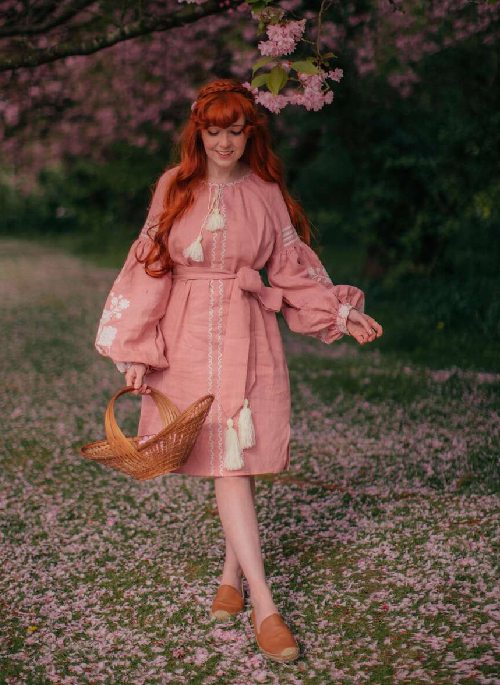 Coral Embroidered Linen Dress